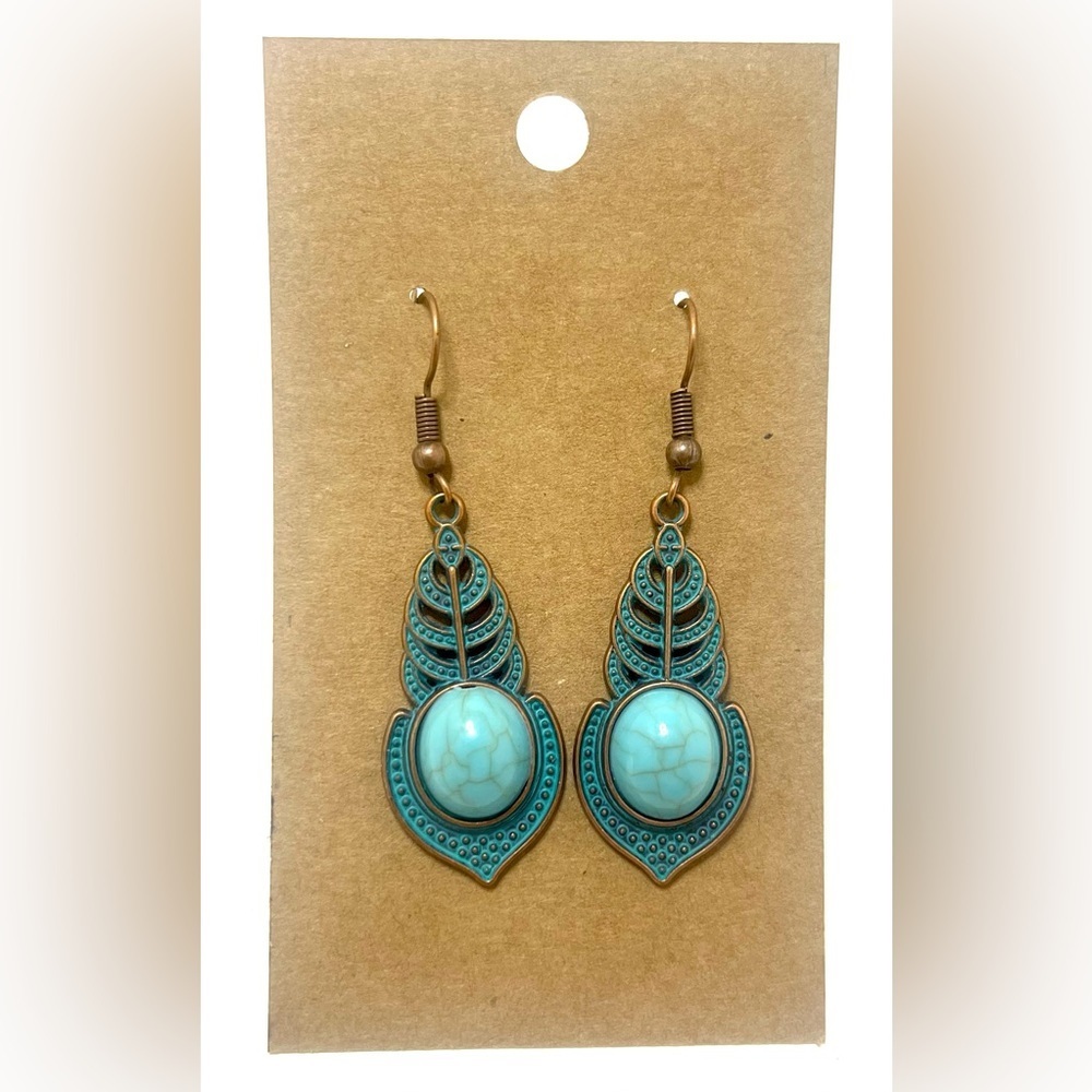 NEW INVENTORY! Antiqued Copper and Turquoise Color earrings with patina. - Picture 2 of 4